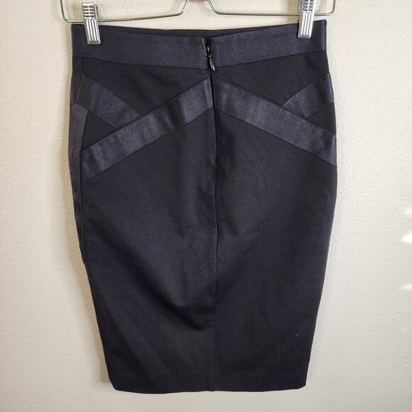 Bebe Skirt Black Pencil Size 4 Satin Tuxedo Stripe Stretch Knee Length - Picture 3 of 9